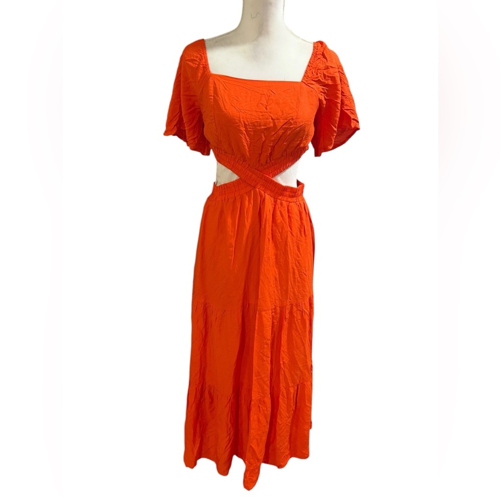 Elegant Orange square neck side cutout Maxi Dress | orange sundress | Sz Small - Picture 2 of 7